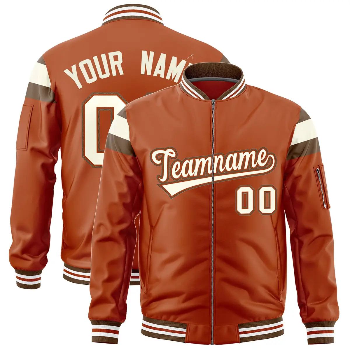 Texas Orange Light Brown-Cream Shoulder Color Block Varsity Full-Zip Letterman Bomber Jacket