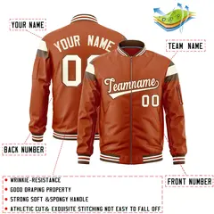 Texas Orange Light Brown-Cream Shoulder Color Block Varsity Full-Zip Letterman Bomber Jacket 2