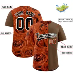 Texas Orange Light Brown Rose Print Split Baseball Jersey 2