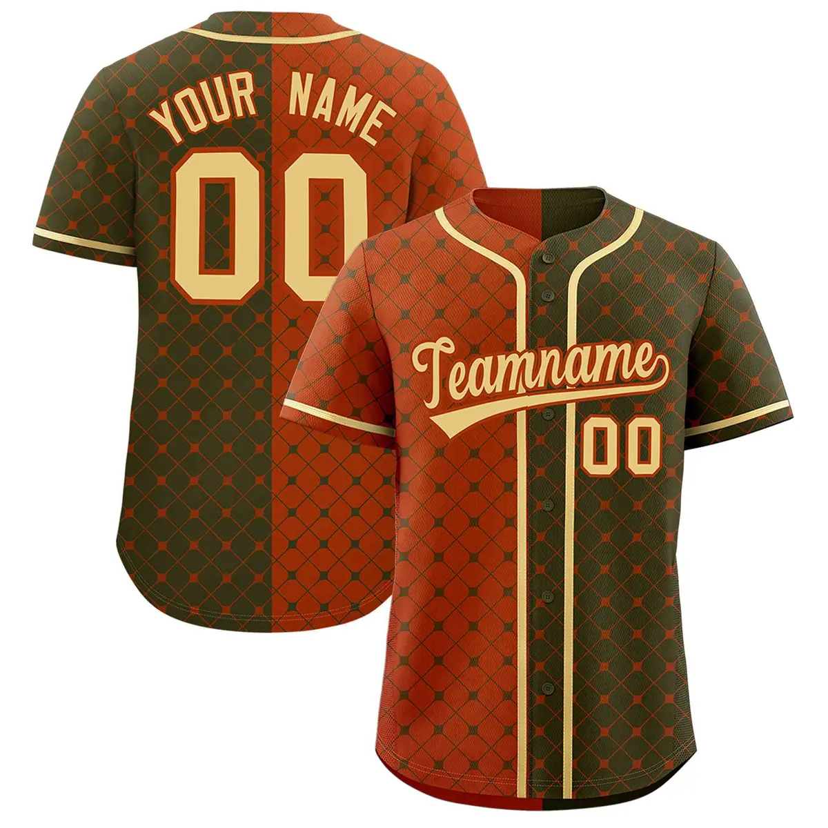 Texas Orange Olive Plaid Split Authentic Baseball Jersey