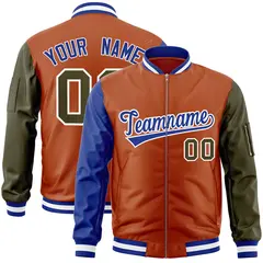 Texas Orange Olive-Royal Varsity Raglan Letterman Bomber Jacket 1