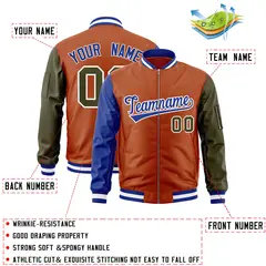 Texas Orange Olive-Royal Varsity Raglan Letterman Bomber Jacket 2