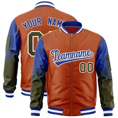Texas Orange Royal-Olive Gradient Raglan Varsity Full-Zip Letterman Bomber Jacket 1