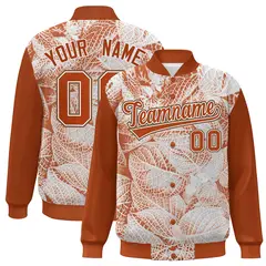 Texas Orange White-Light Brown Maple Leaf Graffiti Raglan Bomber Varsity Jacket