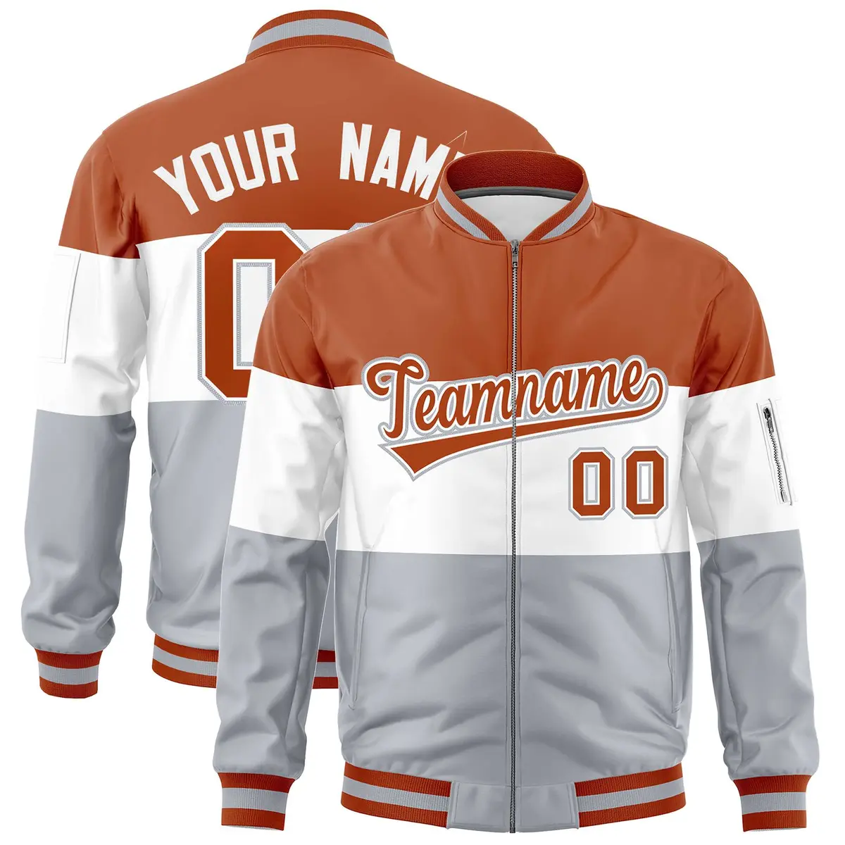 Texas Orange White-Silver Color Block Full-Zip Varsity Letterman Bomber Jacket