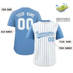 Two-Tone White Light Blue Pinstripe Baseball Jersey 2