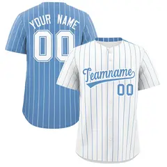 Two-Tone White Light Blue Pinstripe Baseball Jersey