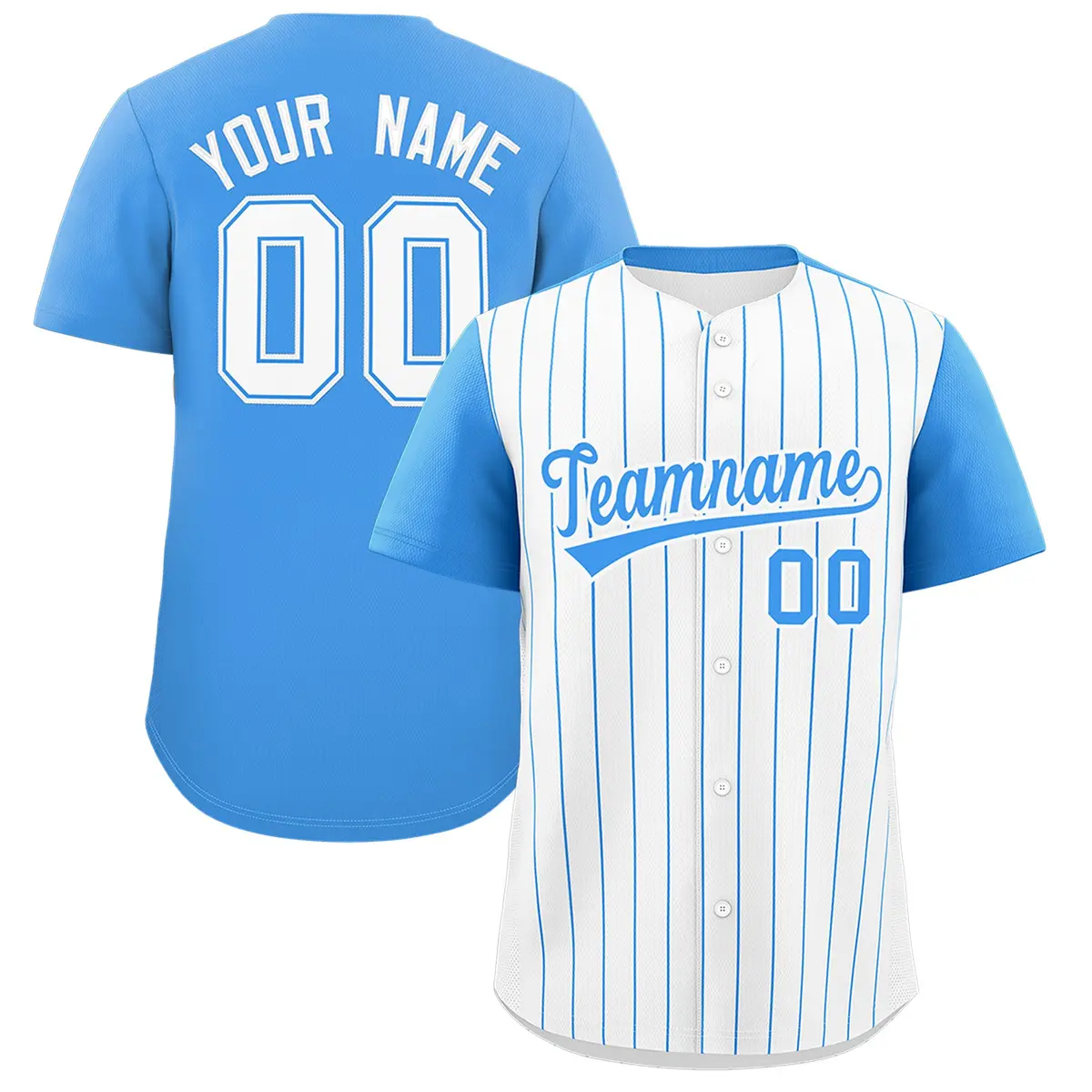 Two-Tone White Powder Blue Pinstripe Baseball Jersey
