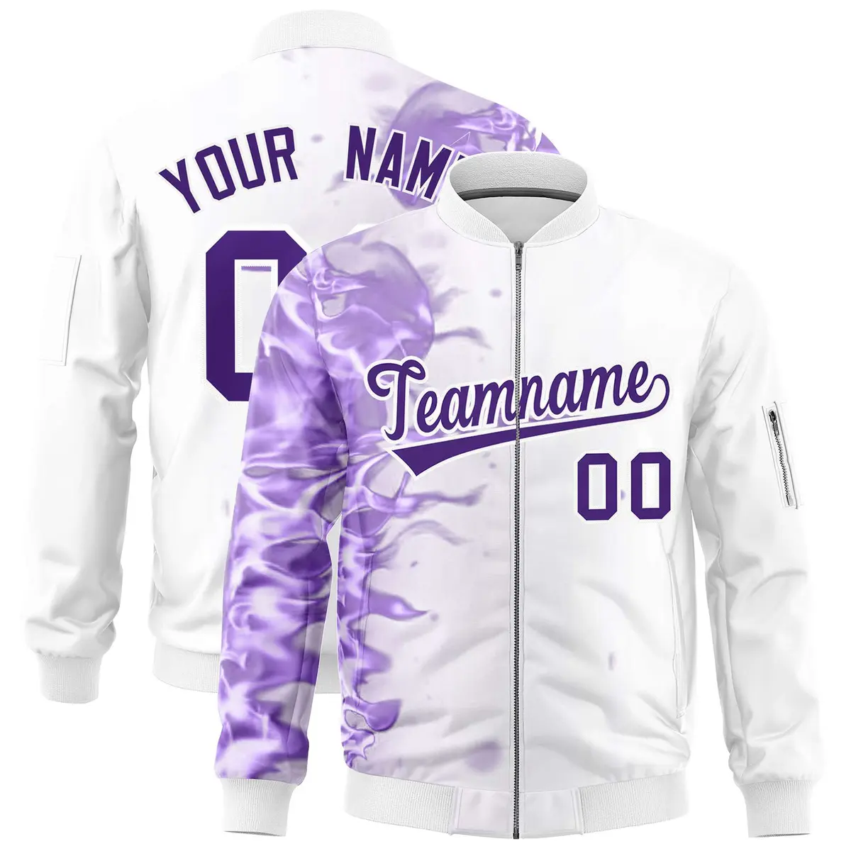 White 3D Flame Varsity Full-Zip Letterman Bomber Jacket