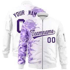 White 3D Flame Varsity Full-Zip Letterman Bomber Jacket