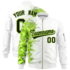 White 3D Flame Varsity Full-Zip Letterman Bomber Jacket