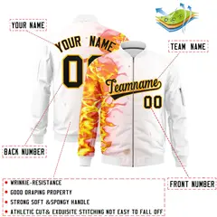 White 3D Flame Varsity Full-Zip Letterman Bomber Jacket 2