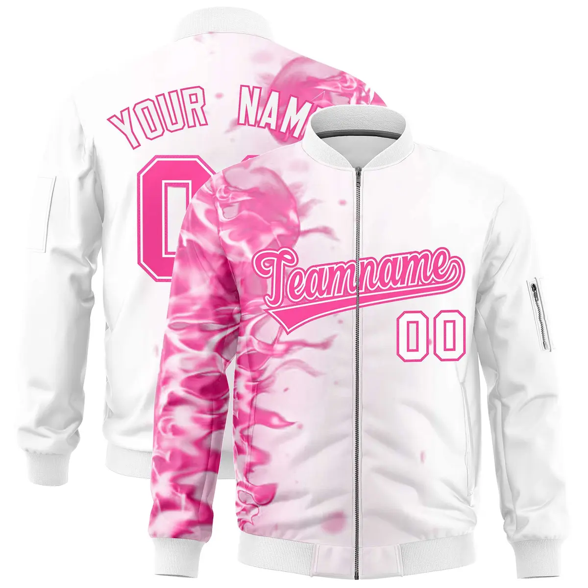 White 3D Flame Varsity Full-Zip Letterman Bomber Jacket