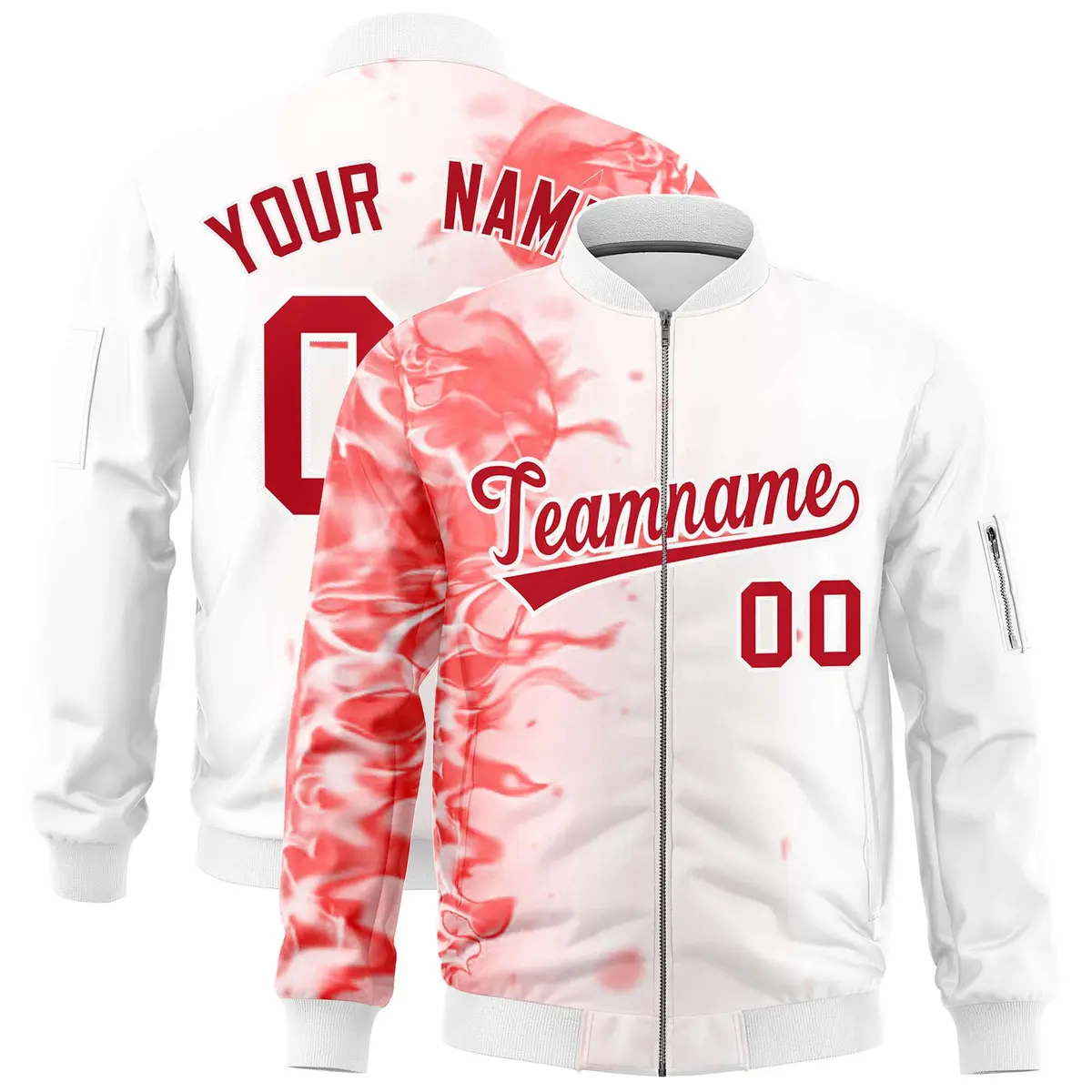 White 3D Flame Varsity Full-Zip Letterman Bomber Jacket