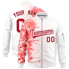 White 3D Flame Varsity Full-Zip Letterman Bomber Jacket 1