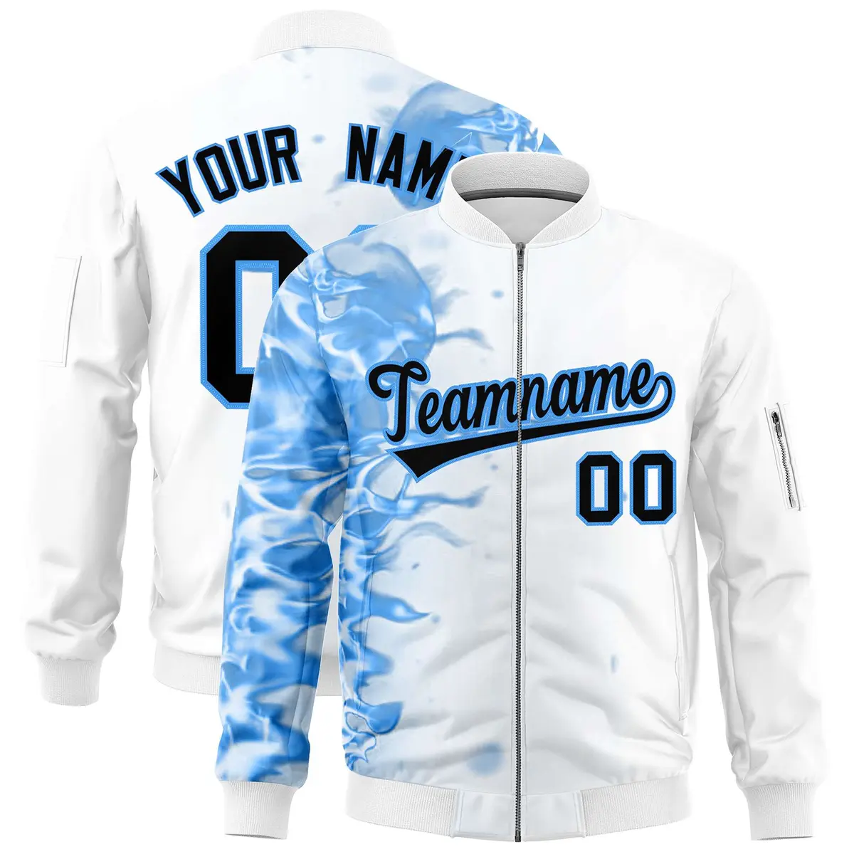 White 3D Flame Varsity Full-Zip Letterman Bomber Jacket