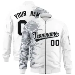 White 3D Flame Varsity Full-Zip Letterman Bomber Jacket 1
