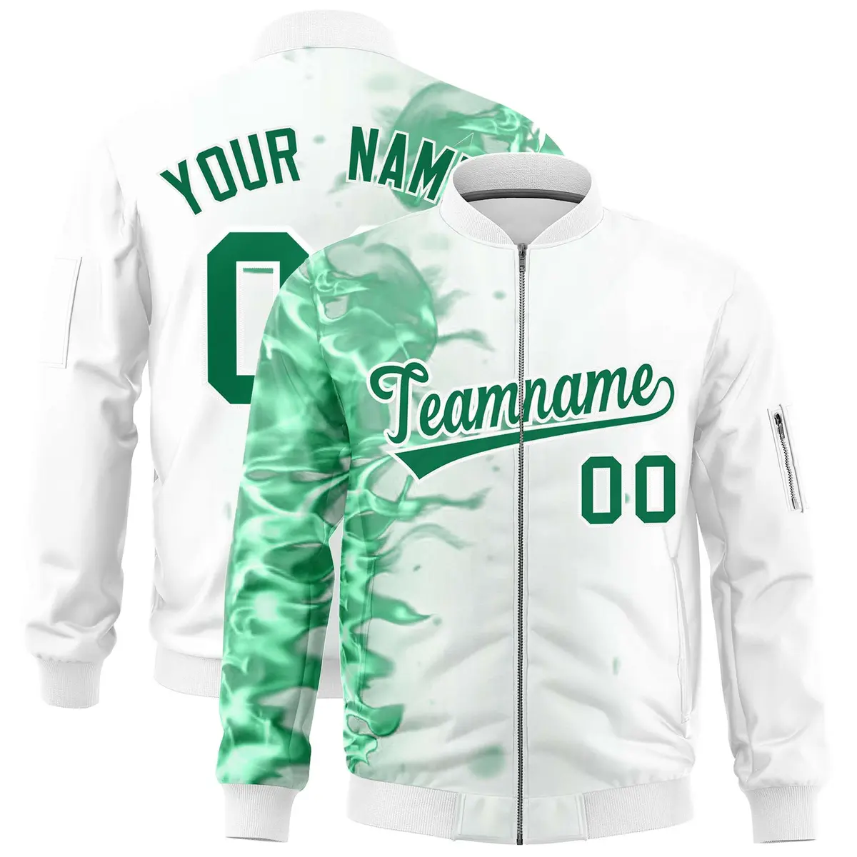 White 3D Flame Varsity Full-Zip Letterman Bomber Jacket