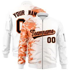 White 3D Flame Varsity Full-Zip Letterman Bomber Jacket 1