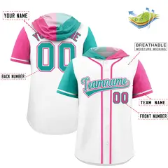 White Aqua and Pink Split Raglan Baseball Hoodie Jersey 2