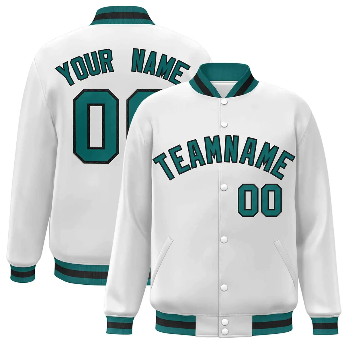 White Aqua-Black Classic Varsity Full-Snap Letterman Jacket
