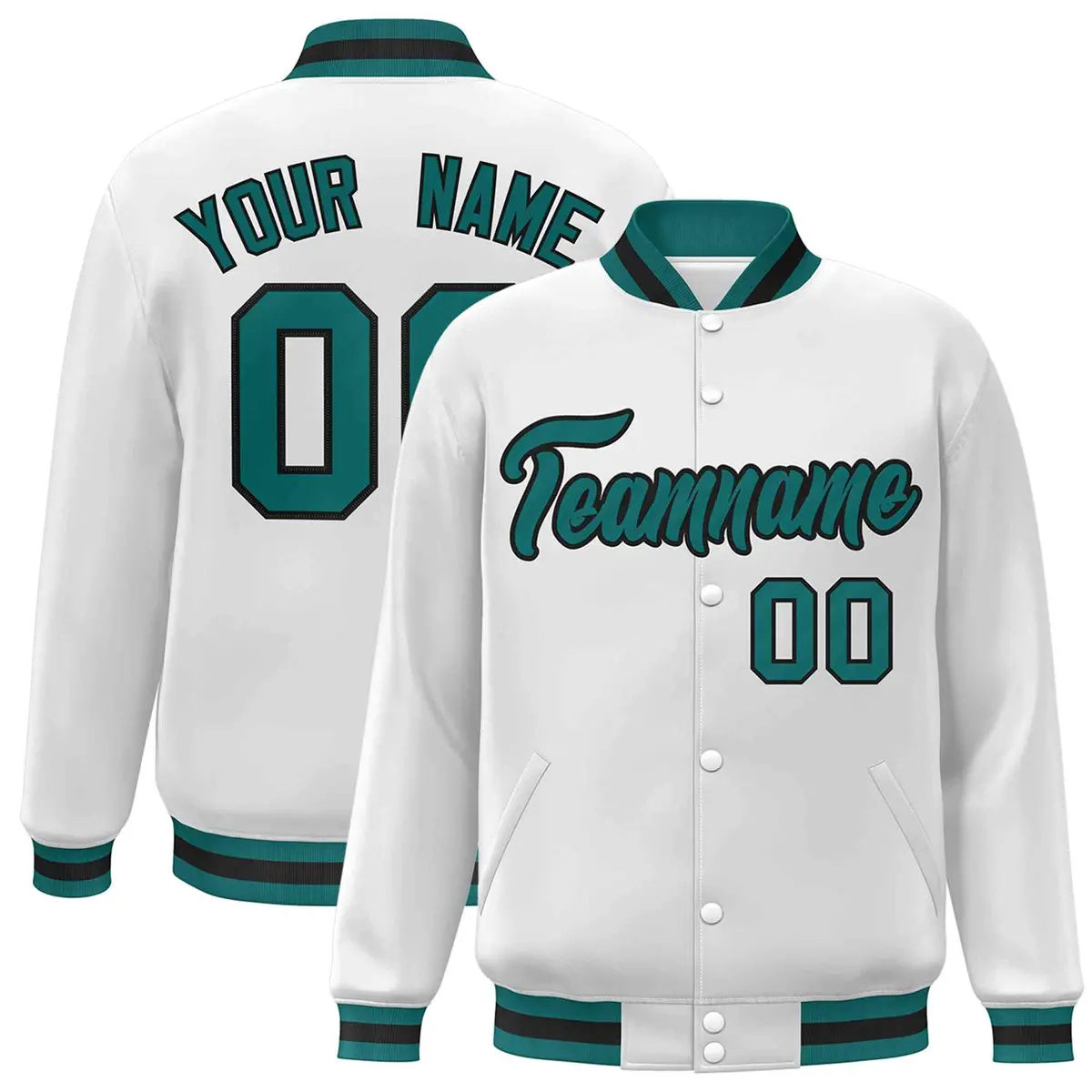 White Aqua-Black Classic Varsity Full-Snap Letterman Jacket