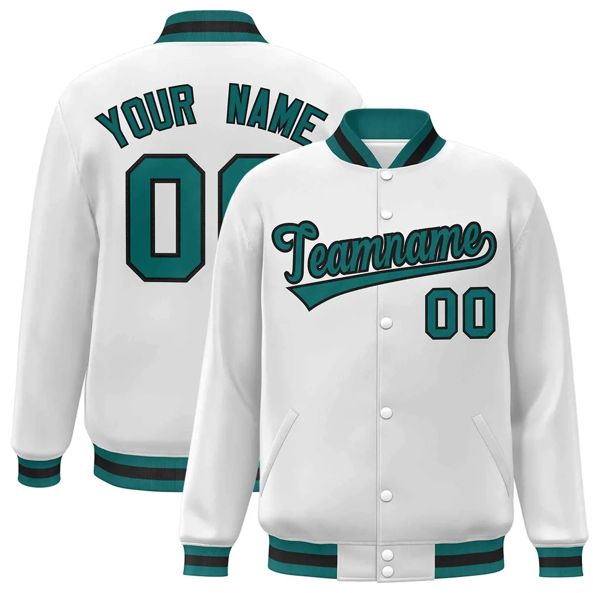 White Aqua-Black Classic Varsity Full-Snap Letterman Jacket