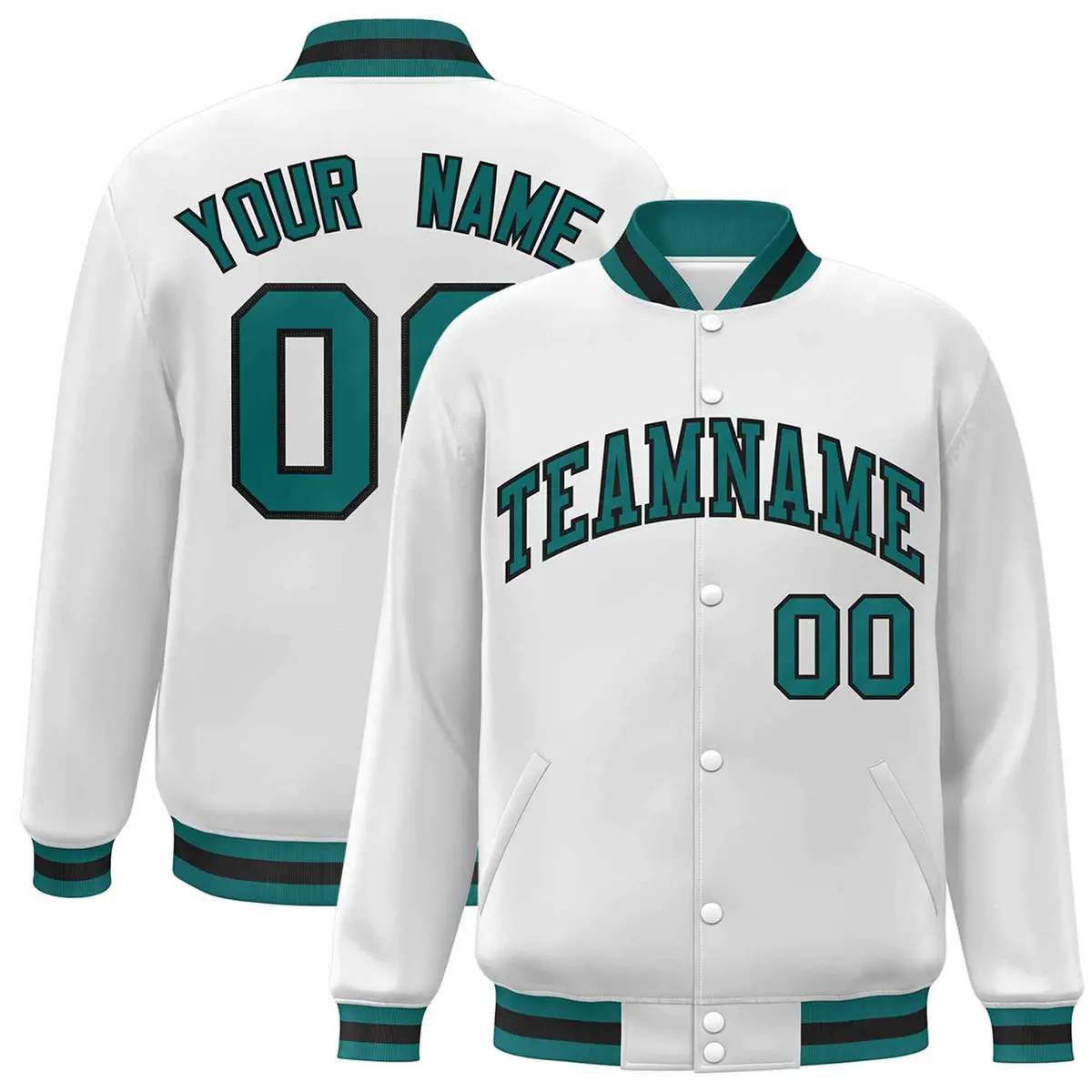 White Aqua-Black Classic Varsity Full-Snap Letterman Jacket