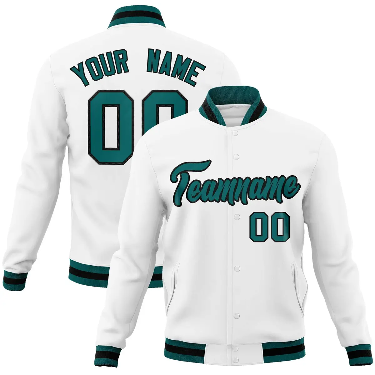 White Aqua-Black Classic Varsity Full-Snap Letterman Jacket
