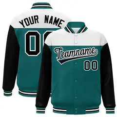 White Aqua-Black Color Block Letterman Full-Snap Baseball Jacket