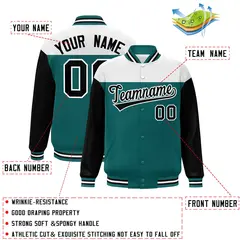 White Aqua-Black Color Block Letterman Full-Snap Baseball Jacket 2