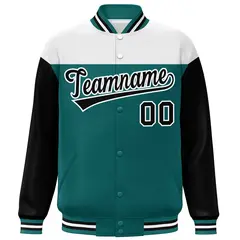 White Aqua-Black Color Block Letterman Full-Snap Baseball Jacket 3