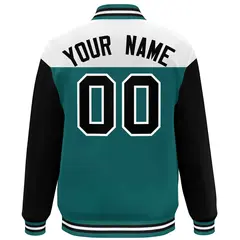 White Aqua-Black Color Block Letterman Full-Snap Baseball Jacket 4