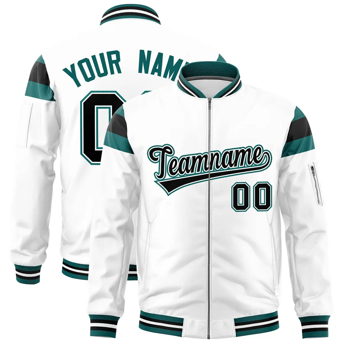 White Aqua-Black Shoulder Color Block Full-Zip Varsity Letterman Bomber Jacket