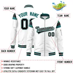 White Aqua-Black Shoulder Color Block Full-Zip Varsity Letterman Bomber Jacket 2