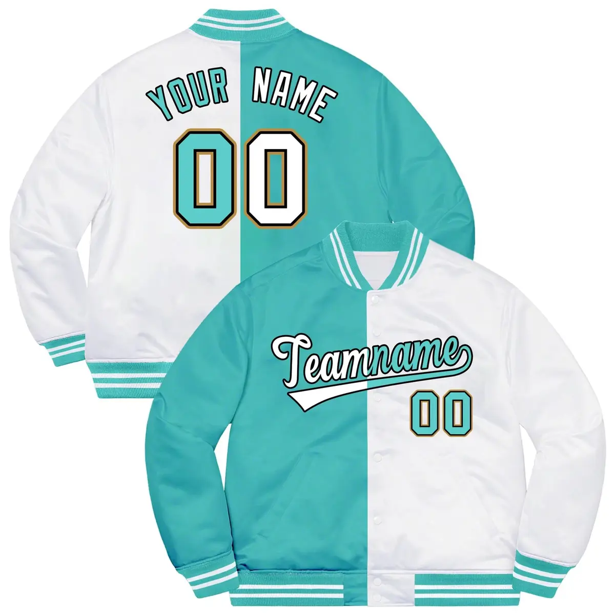 White Aqua-Black Split Letterman Bomber Varsity Jacket