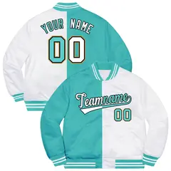 White Aqua-Black Split Letterman Bomber Varsity Jacket