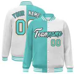 White Aqua-Black Two Tone Split Varsity Full-Snap Letterman Jacket