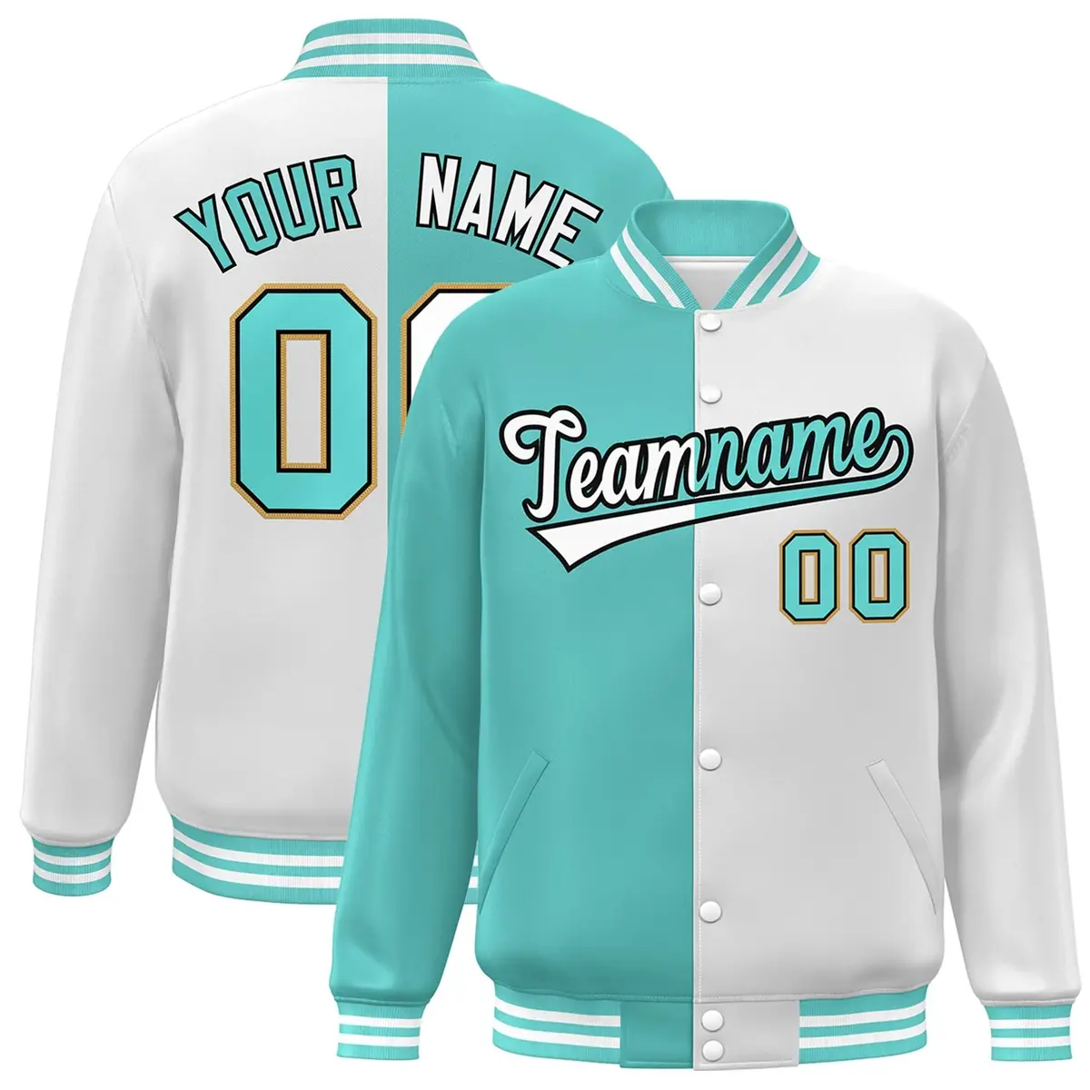 White Aqua-Black Two Tone Split Varsity Full-Snap Letterman Jacket