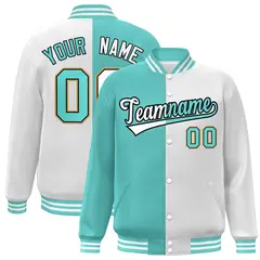 White Aqua-Black Two Tone Split Varsity Full-Snap Letterman Jacket