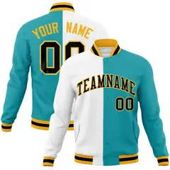 White Aqua Black Two Tone Split Varsity Full-Snap Letterman Jacket