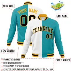 White Aqua Black Two Tone Split Varsity Full-Snap Letterman Jacket 4