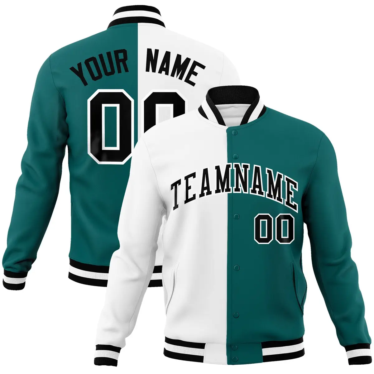 White Aqua Black Two Tone Split Varsity Full-Snap Letterman Jacket