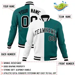 White Aqua Black Two Tone Split Varsity Full-Snap Letterman Jacket 4