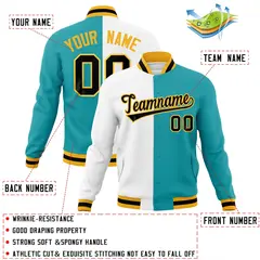 White Aqua Black Two Tone Split Varsity Full-Snap Letterman Jacket 4