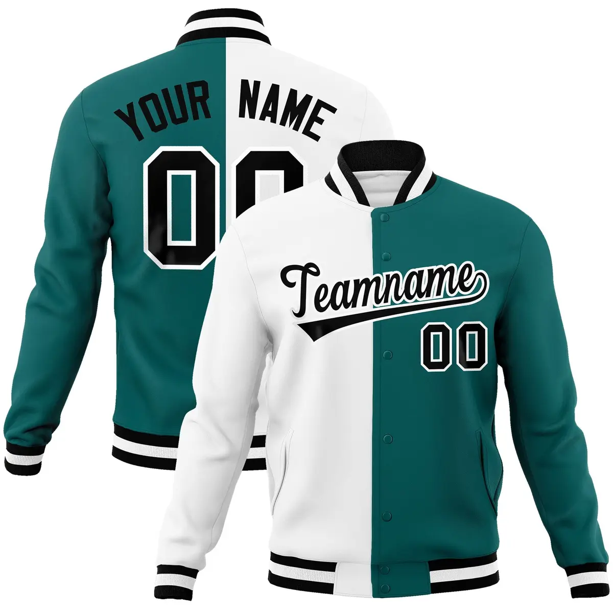 White Aqua Black Two Tone Split Varsity Full-Snap Letterman Jacket