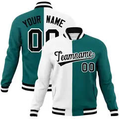 White Aqua Black Two Tone Split Varsity Full-Snap Letterman Jacket 1
