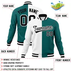 White Aqua Black Two Tone Split Varsity Full-Snap Letterman Jacket 4