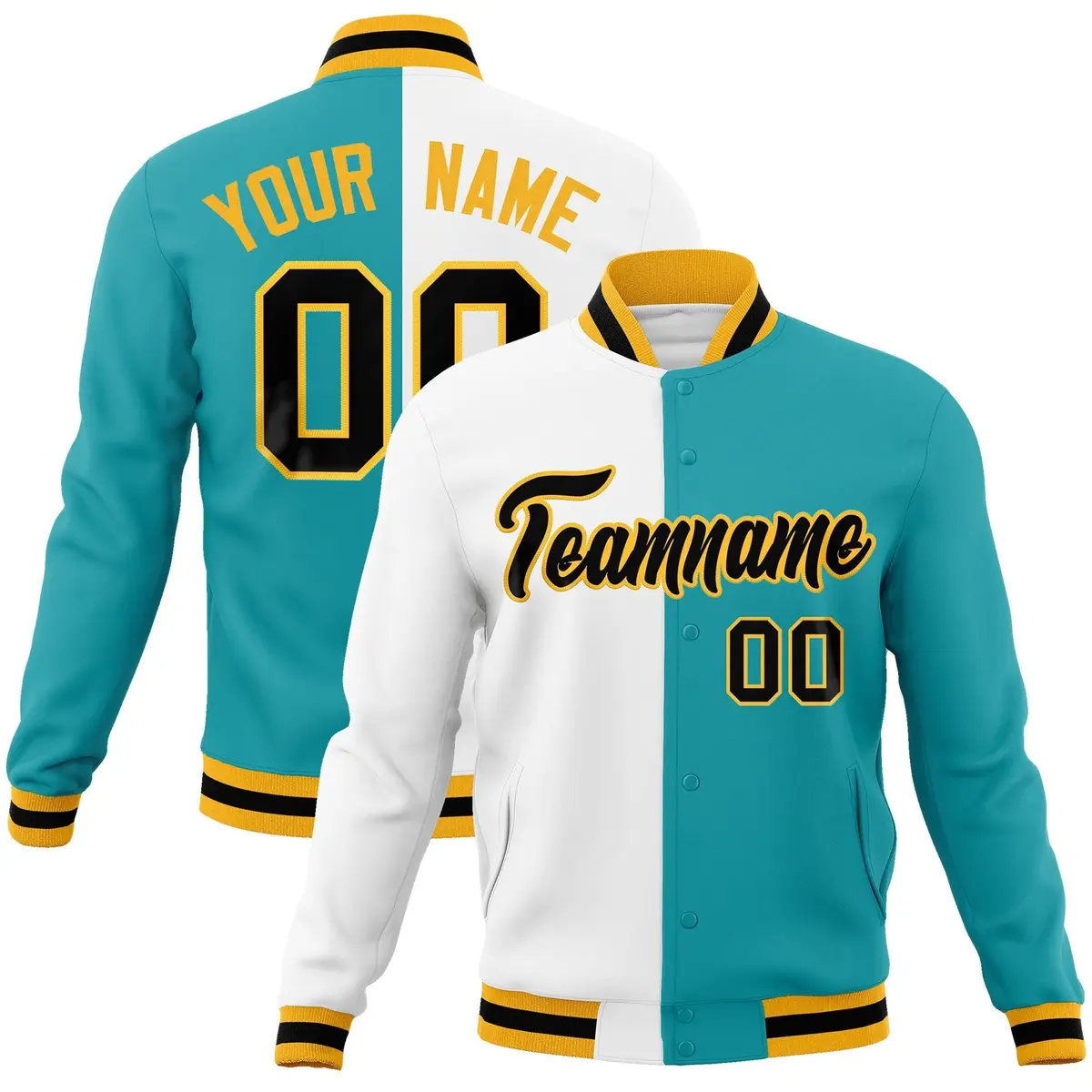 White Aqua Black Two Tone Split Varsity Full-Snap Letterman Jacket