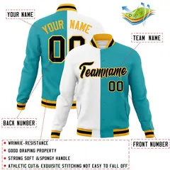 White Aqua Black Two Tone Split Varsity Full-Snap Letterman Jacket 4